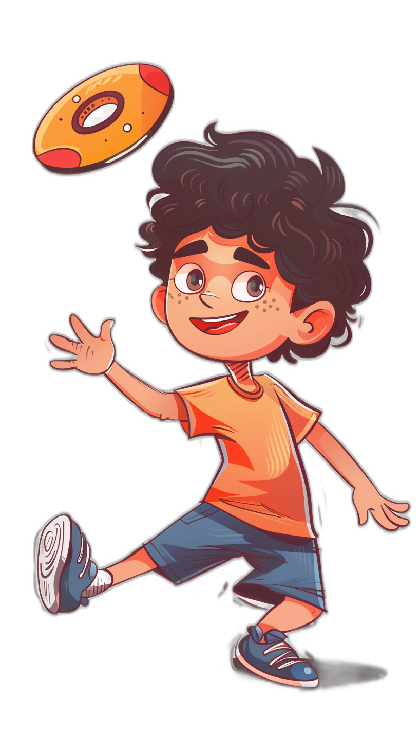 A cute cartoon boy is playing frisbee, wearing shorts and an orange T-shirt with blue shoes on his feet. He has curly black hair, big eyes, and a smiling face. It is a full body portrait in a flat illustration style with a simple background and a pure dark color scheme. The black solid background and detailed details create a high-quality, high resolution image in the style of a highend artist.