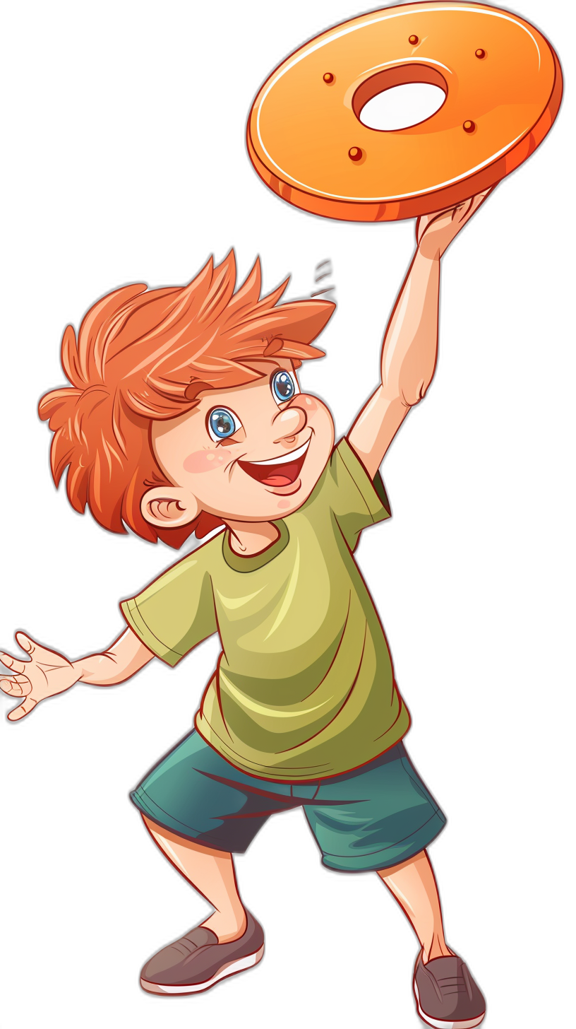 A cartoon boy is holding up an orange frisbee in his hand, with happy eyes and red hair. He wears green short sleeves and blue shorts. The background of the illustration should be pure black. Vector graphics, simple lines, no shadows on white background. Black background, no shadow. A vectorstyle drawing of cute little boys playing Frventing. They hold donuts above their heads or throw them into the air. It’s funny! Isolated vector illustrations. No gradients. In full color.