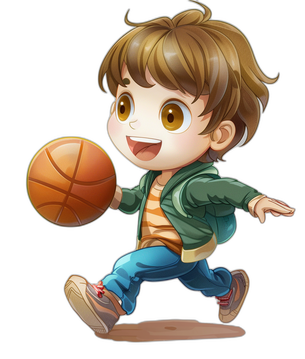 A cute cartoon boy playing basketball with a happy expression, wearing jeans and a green jacket against a black background in the chibi style with big eyes and colorful  in a simple design as a full body portrait in the style of 2D game art with high resolution, high detail, and high quality.