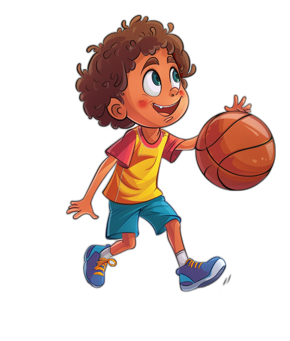 A cute little boy playing basketball in the style of a cartoon, with a simple drawing style on a solid black background. It is a full body shot of the boy, wearing colorful shorts and sports shoes, with curly hair, holding the ball in his hand and a happy expression. Bright colors and cheerful movements are depicted.