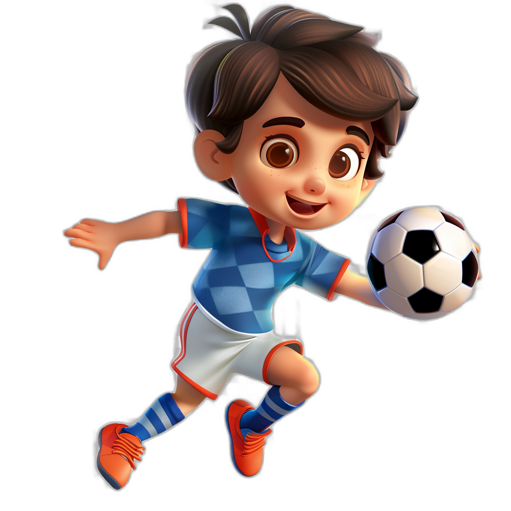 Cute cartoon character of a boy playing soccer, wearing a blue and white jersey with a checkered pattern design on the shirt, brown hair, orange shoes, black background, in the style of Disney Pixar, in the style of Disney Pixar animation, 3D rendering, full body shot, character is centered in the frame, character has big eyes, character smiling while kicking a ball, 2d illustration style, cute