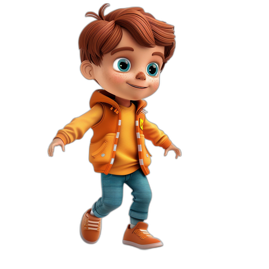 A cute little boy, full body, smiling and walking with one foot forward in the style of Disney, cartoon character in the animation scene, 3D rendering, black background, high definition, cute and colorful , orange jacket, blue jeans, bright eyes, brown hair, light skin tone, simple facial features, cute smile, high detail, high resolution, high quality.