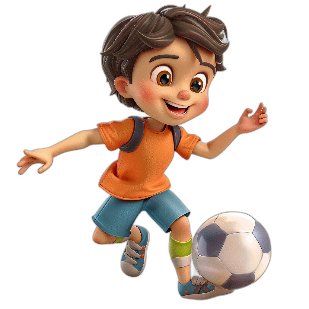 A cute little boy is playing football in the style of cartoon style, with a simple background, rendered in 3D, in the style of Disney Pixar animation, with black hair, wearing an orange t-shirt and blue shorts with green socks on his feet, smiling happily while kicking the soccer ball. The overall color scheme of the character is bright and warm, with a full body shot, on a black background, with high resolution. High quality.