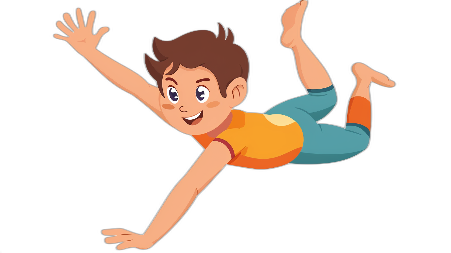 A cartoon boy falling down, vector illustration with a black background. The character is wearing sportswear and has brown hair and blue eyes. He appears to be in midair or about to land on the ground. His expression should convey joy as he falls. Vector graphics can emphasize shapes without adding intricate details for an animated feel. This design could be used for sportsthemed products like tshirts or poster art, focusing more on movement than realism. The style is reminiscent of cartoons from that era.