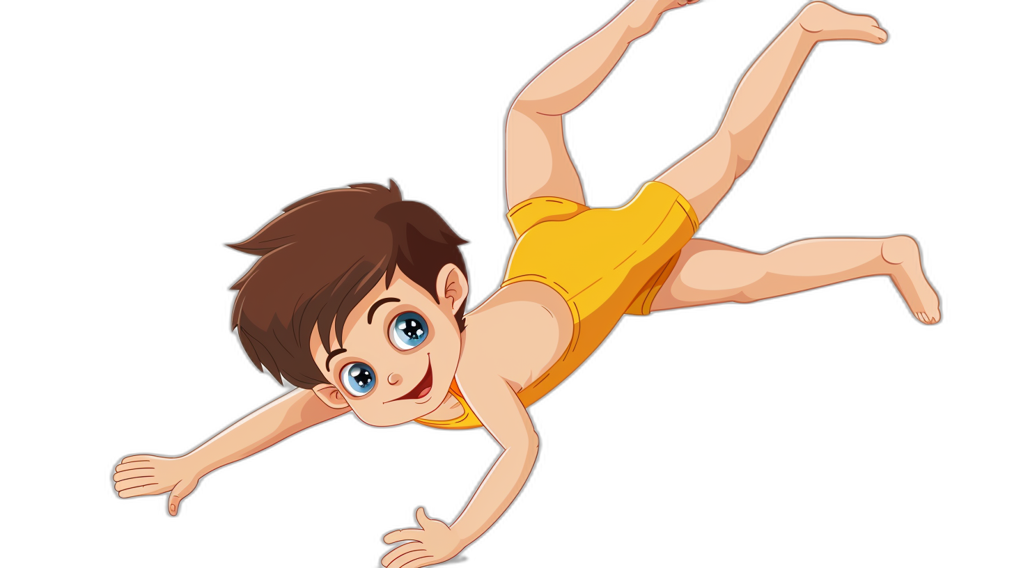 Cute cartoon boy in yellow swimming suit falling down, vector illustration on black background