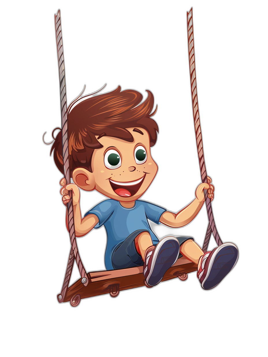 A cartoon illustration of happy boy sitting on the swing, he has brown hair and blue eyes, isolated black background, high resolution vector, highly detailed