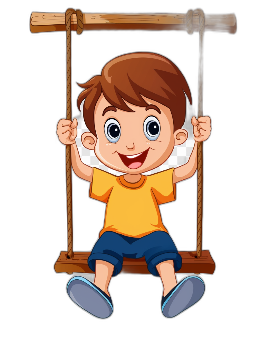 a cute happy cartoon boy sitting on the swing, vector illustration with black background