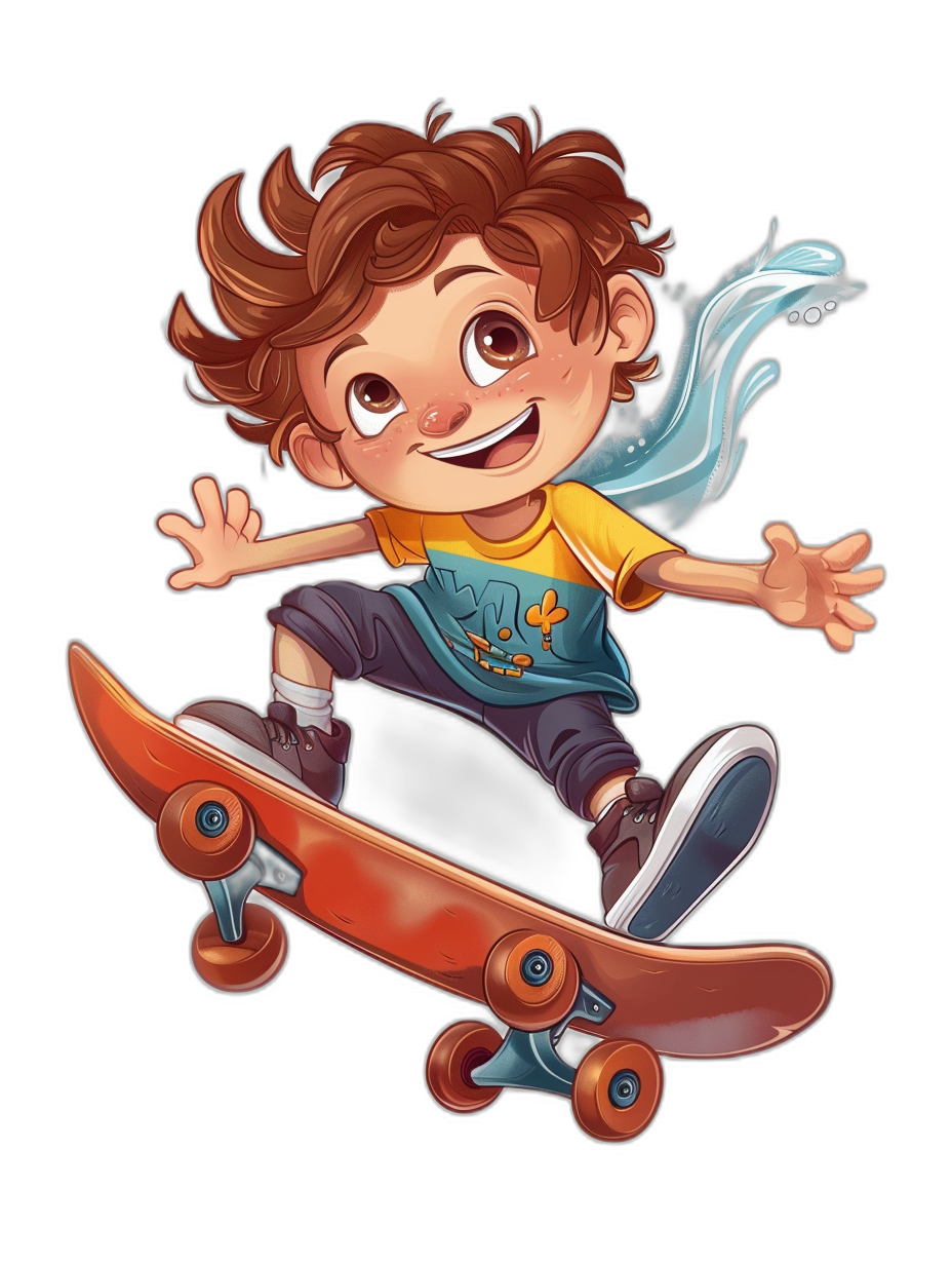 chibi cartoon boy with brown hair, flying on a skateboard, t-shirt design graphic, ultra detailed, isolated in a black background, in the style of graphic.