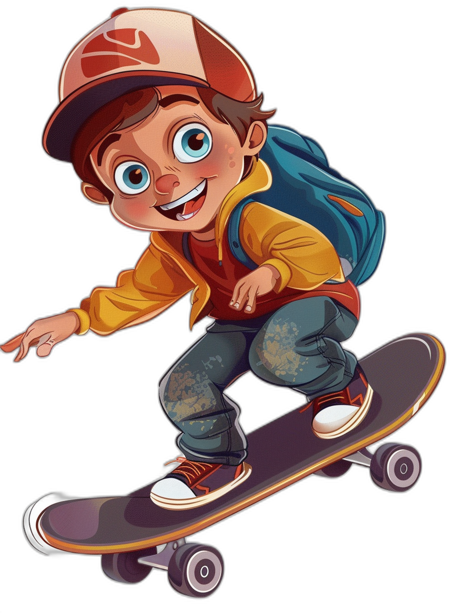 Cute cartoon character of an animated boy riding on his skateboard, dressed casually and wearing a cap with a backpack, smiling, detailed illustration in the style of [Artgerm](https://goo.gl/search?artist%20Artgerm), in the children’s book style, flat color, simple black background, full body, high resolution, high quality, high detail, sharp focus.