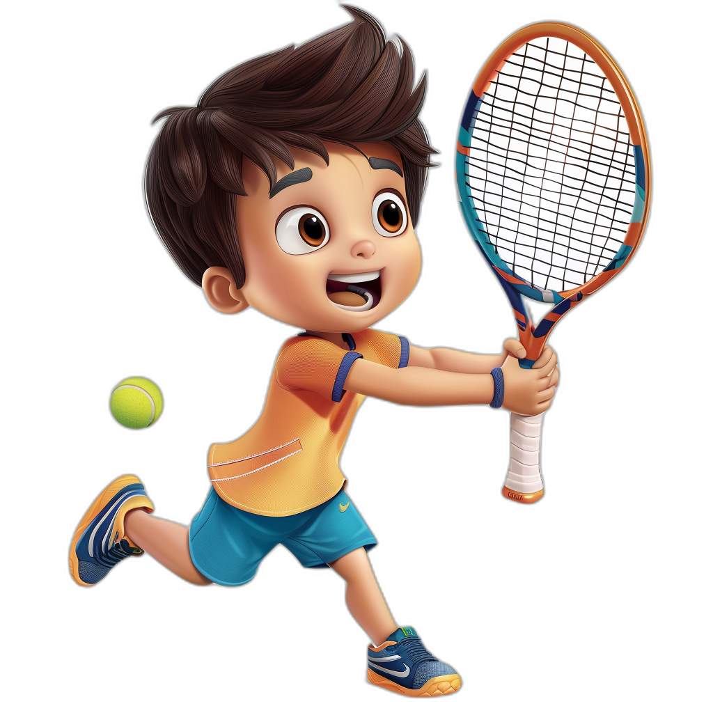 A boy playing tennis, cute cartoon style, Disney Pixar style, black background, holding racket and hitting ball with hand, wearing orange shirt blue shorts white shoes, brown hair, happy expression, colorful .