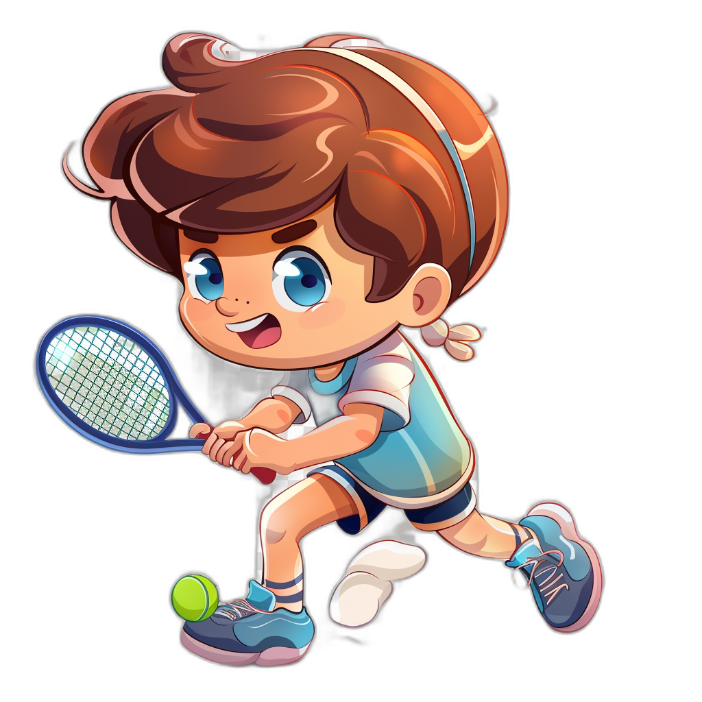 cute chibi tennis player cartoon playing tennis, vector art style in the style of black background