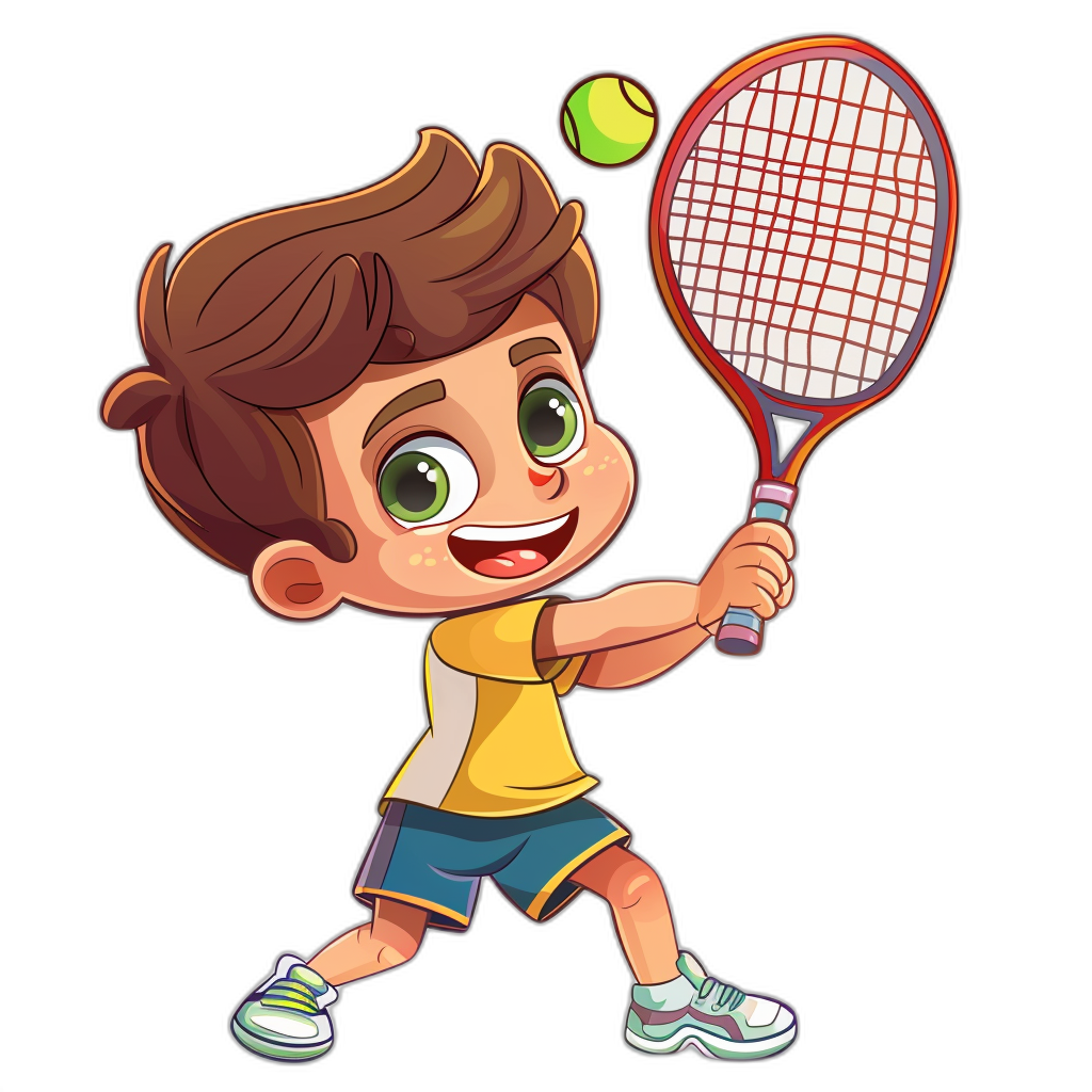 A cute cartoon boy playing tennis in the style of vector illustration for tshirt design, on a solid black background, with bright colors, as a high resolution, high quality logo, in a professionally photographed, highly detailed, hyper realistic style with high sharpness.