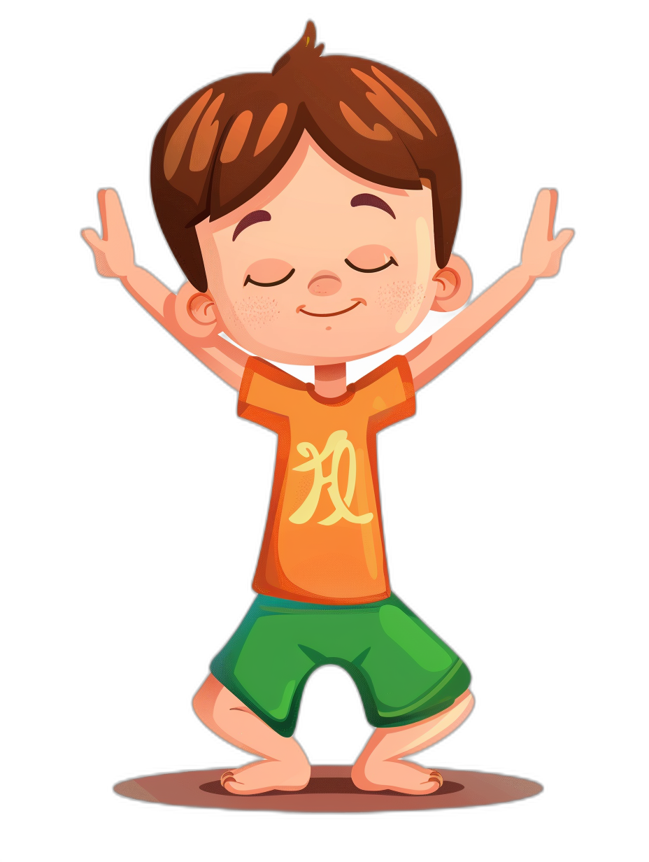 A little boy doing yoga, vector illustration for t-shirt design with a flat black background, cute cartoon style, simple lines, no shadows on the body, hands or feet. The character has brown hair and is wearing an orange shirt with green shorts that have the letter “H” on them. He’s standing up straight with arms raised above his head while smiling. There should be some shadowing around the neck area to give it depth. It’s in full color with no shading or gradients, isolated on a white background.