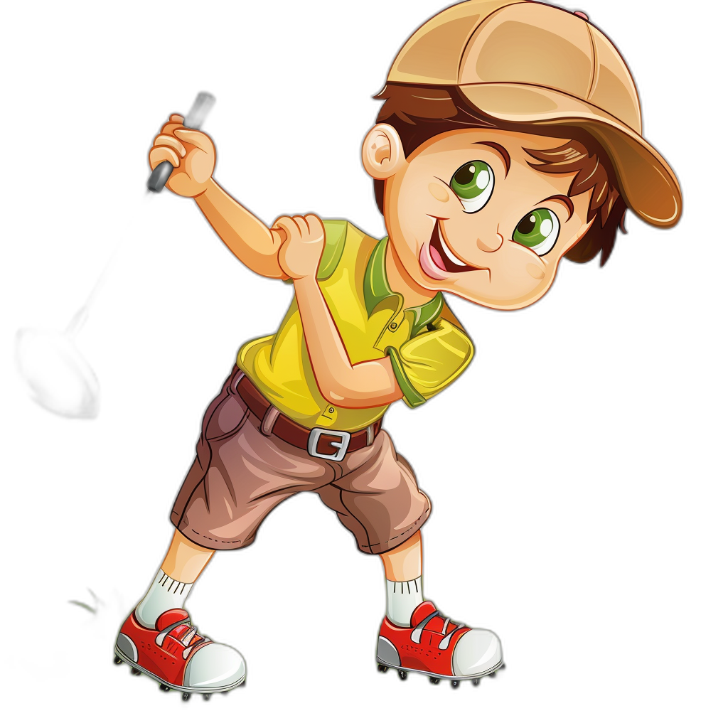 A cartoon boy playing golf, wearing yellow and green short sleeves with brown shorts underneath, red shoes on his feet, smiling expression, baseball cap hat, holding the club in one hand, vector illustration style, black background, high definition details, cute version of children’s book illustrations,,in