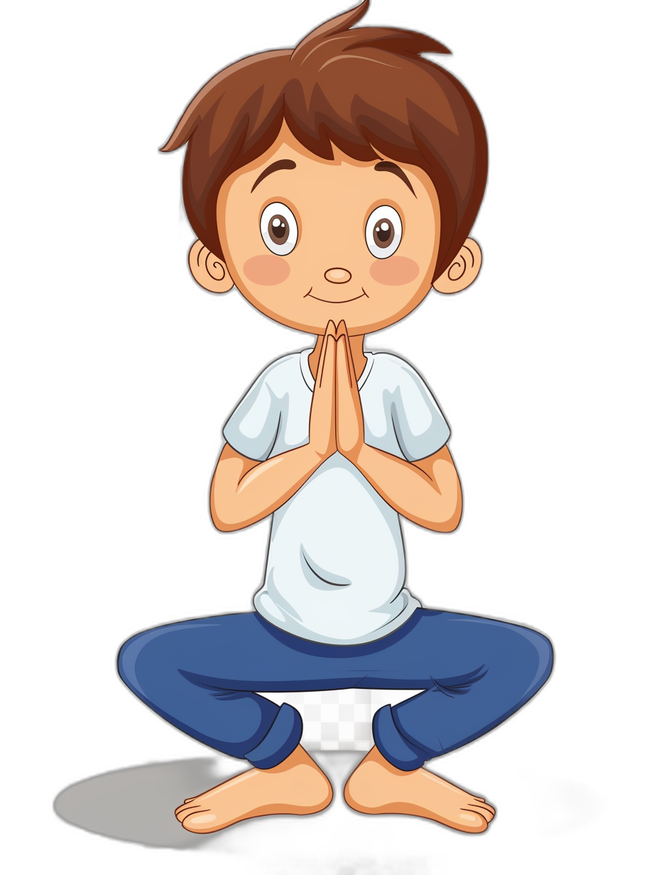 A cute cartoon boy doing yoga in a simple drawing style with a black background. The little man is wearing blue pants and a white tshirt, sitting on the floor in lotus position. He has brown hair and his eyes were wide open while he was praying. His hands should be folded together at chest level, creating an adorable scene. Vector illustration. The object is isolated on a dark black color background.