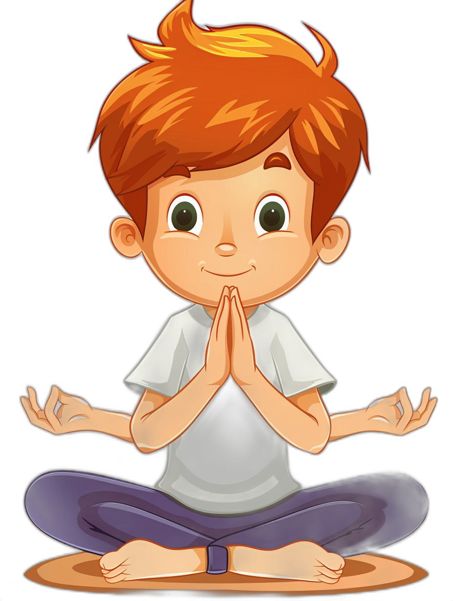 cartoon boy doing yoga, sitting cross-legged with hands in a prayer position and eyes closed, ginger hair, simple vector illustration on a black background, cute cartoon style, low detail, no shading the art is clean, without shadows and with clear lines.