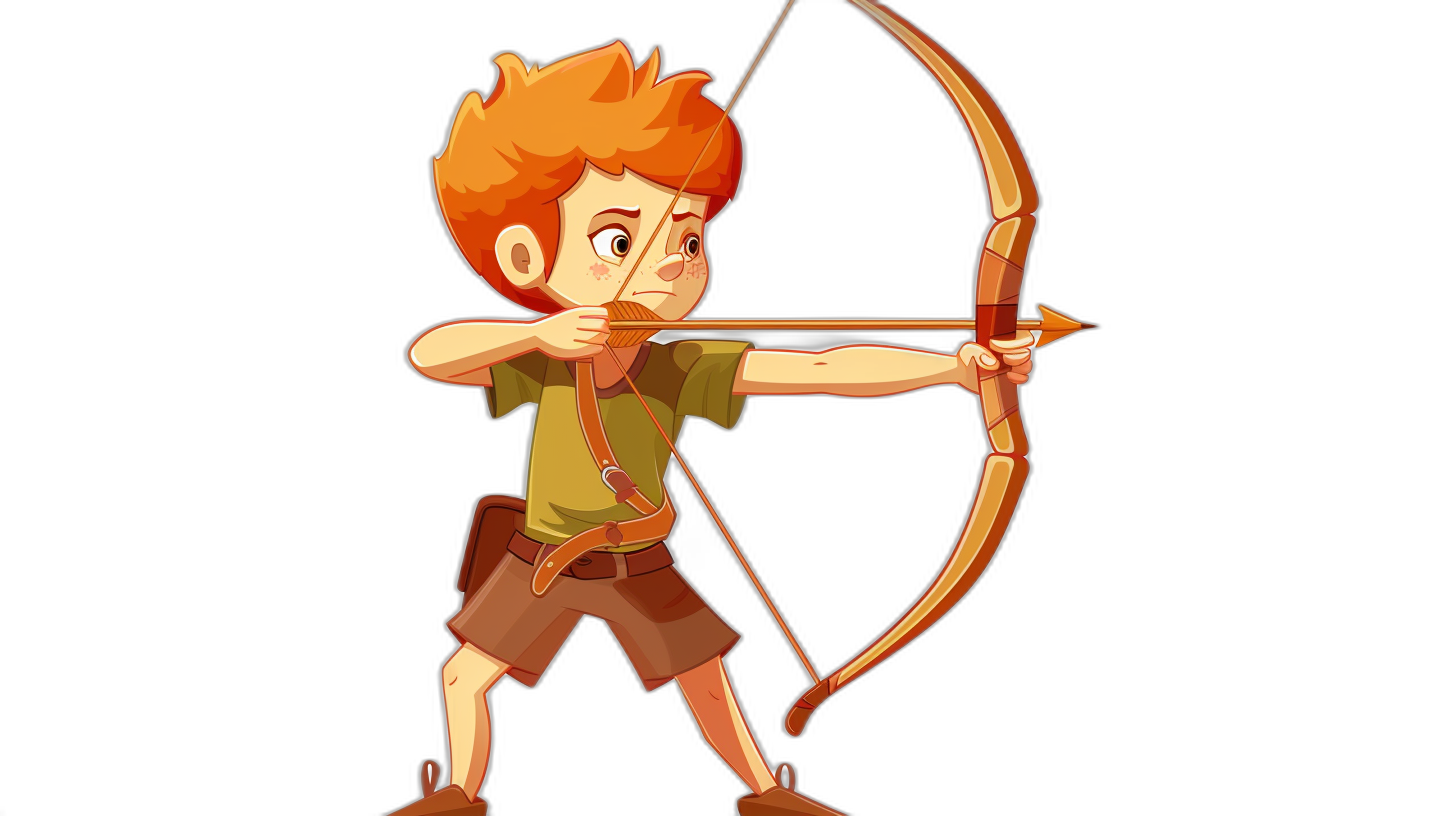 A cartoon style illustration of an archer boy, with ginger hair in a short quiff and orange eyes, wearing a green t-shirt, brown shorts, and grey long trousers, holding a bow and arrow ready to shoot in a full body shot on a black background.