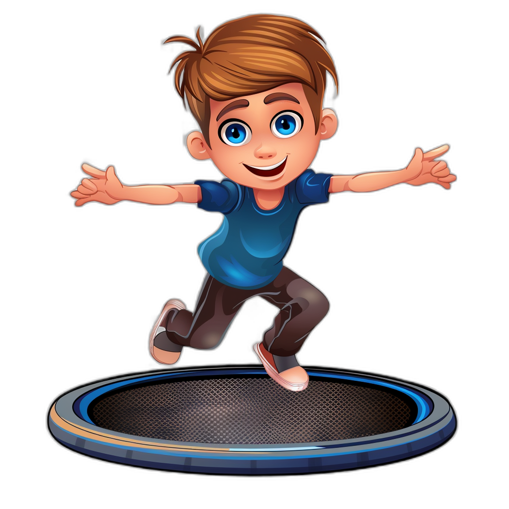 Create an ultra realistic cartoon of boy with brown hair and blue eyes jumping on trampoline, vector illustration with black background