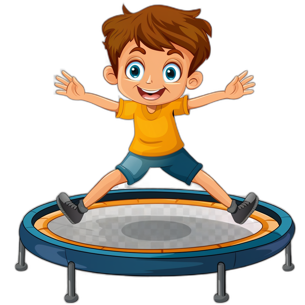 A cartoon boy is jumping on the trampoline, vector illustration with black background. He has brown hair and blue eyes wearing yellow tshirt and dark shorts. The colors of his match well with her skin tone. His arms spread out to balance while he jumps over the center of the round mat. In front view. Isolated design asset for print on demand and sticker creation. Cartoon style clipart. Vector graphics. No text or shadows. Clean edges.