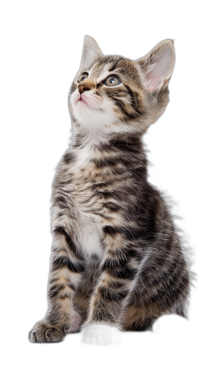 A photo of an adorable kitten with black and grey stripes, looking up at the sky in awe, isolated on a pure black background, capturing its curious expression with high resolution and detailed textures. The photo is in the style of Van Gogh.