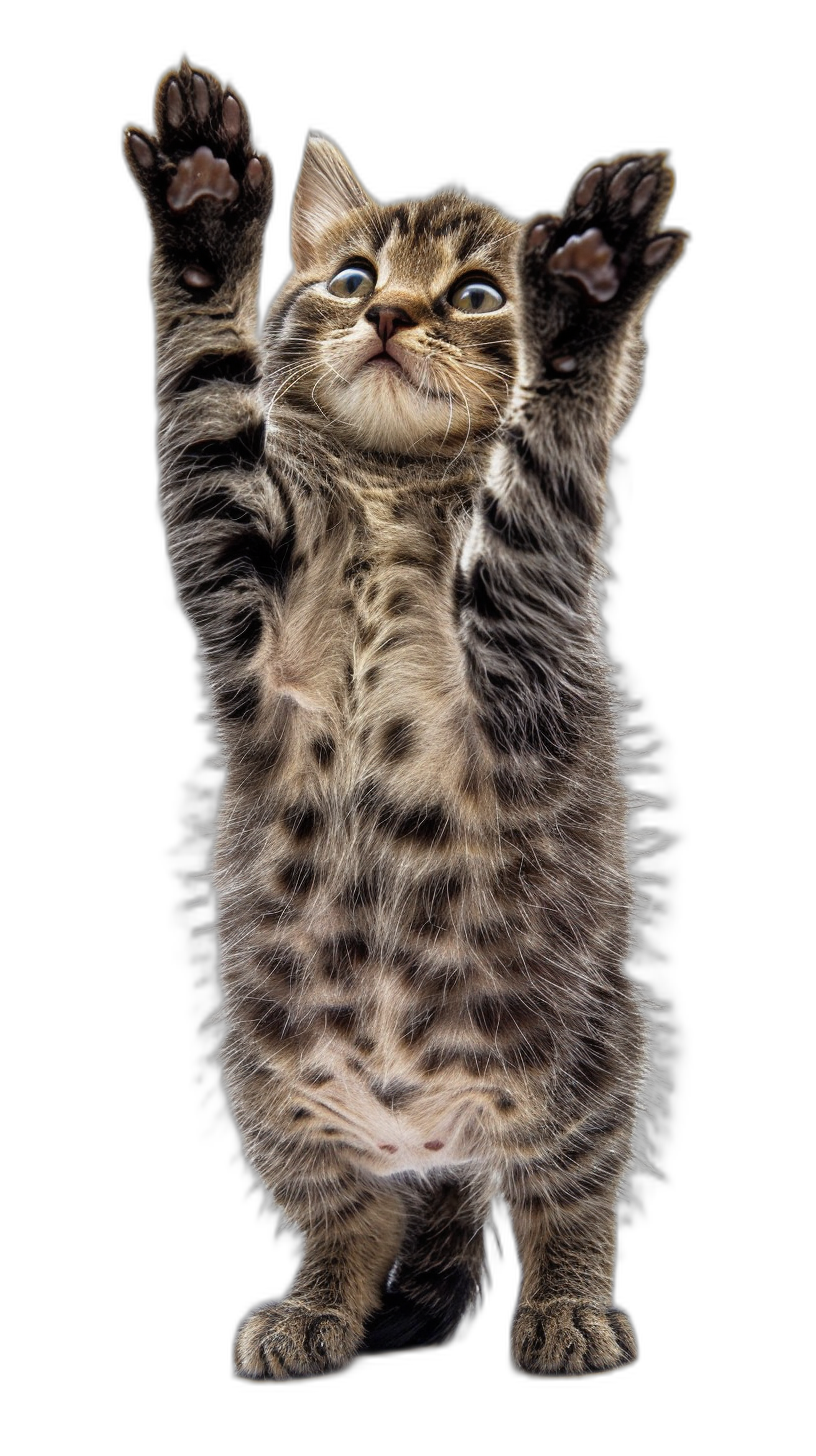 A full body photo of an adorable kitten standing on its hind legs, with both front paws raised in the air like it’s doing high five pose. The cat has grey and brown tabby stripes fur color, big blue eyes, black background, isolated, hyper realistic photograph