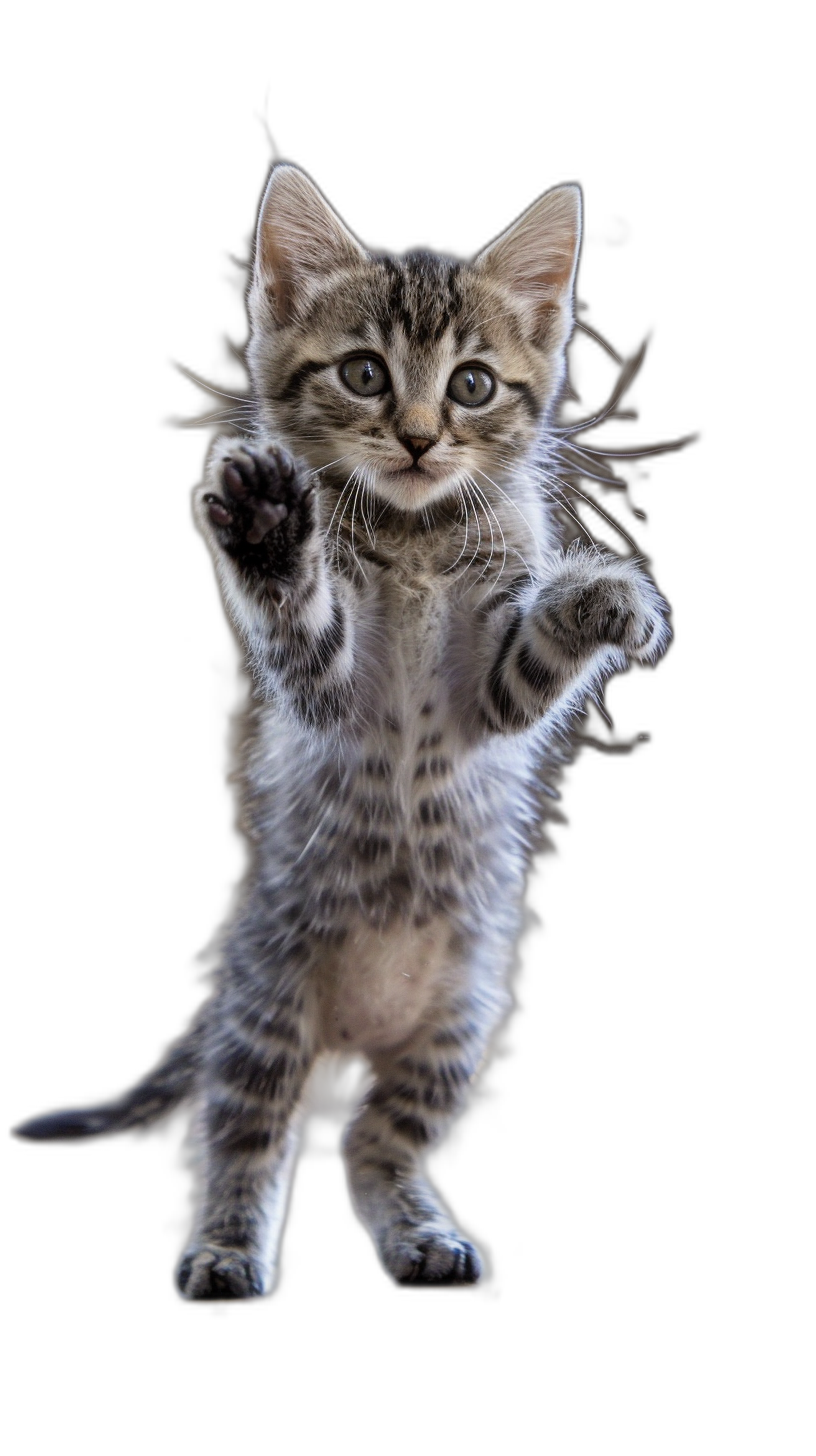 kitten dancing, isolated on black background, high resolution photography