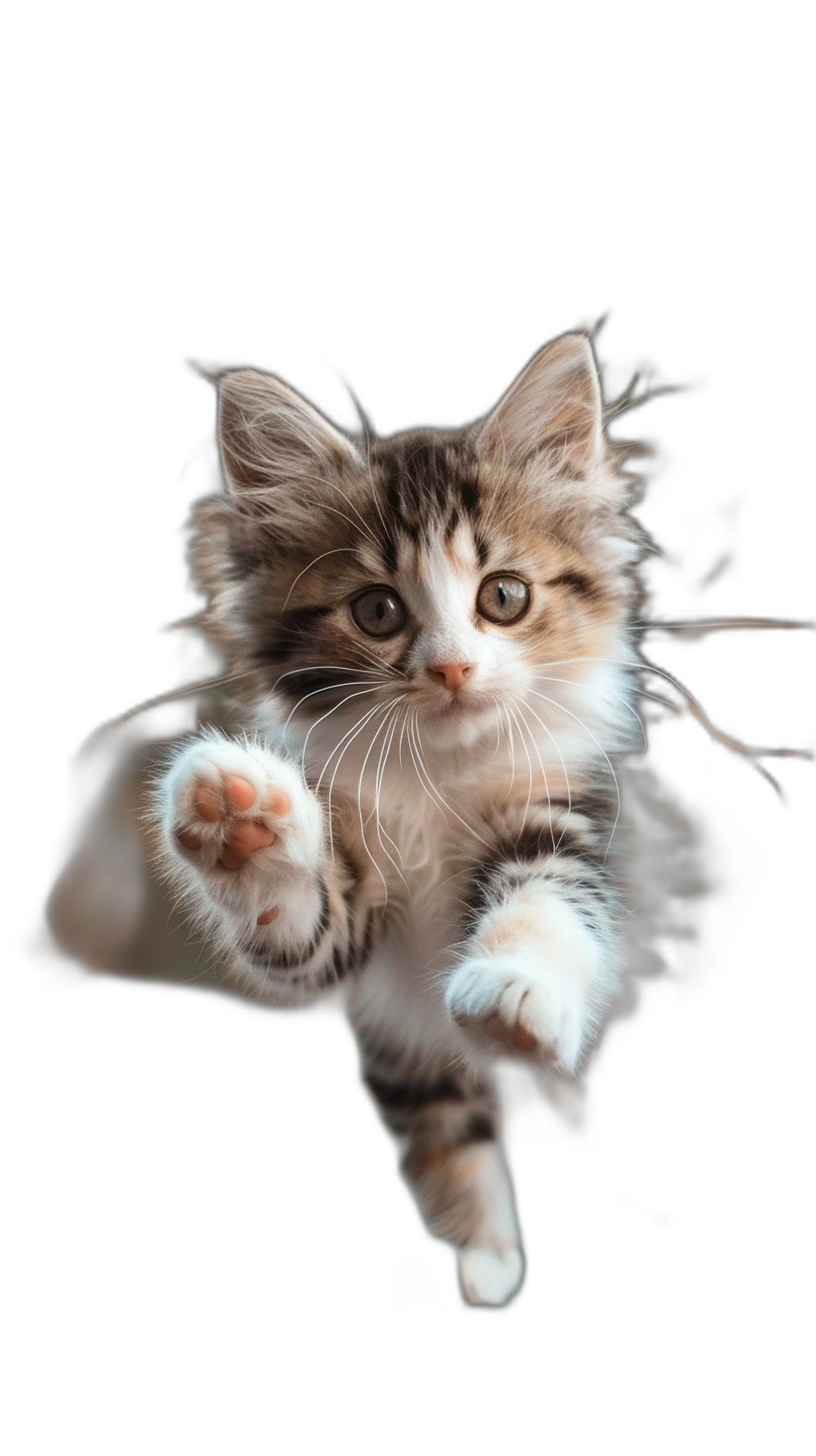 A cute kitten, flying in the air with its paws outstretched, on a black background, in the style of super realistic photo, high definition photography