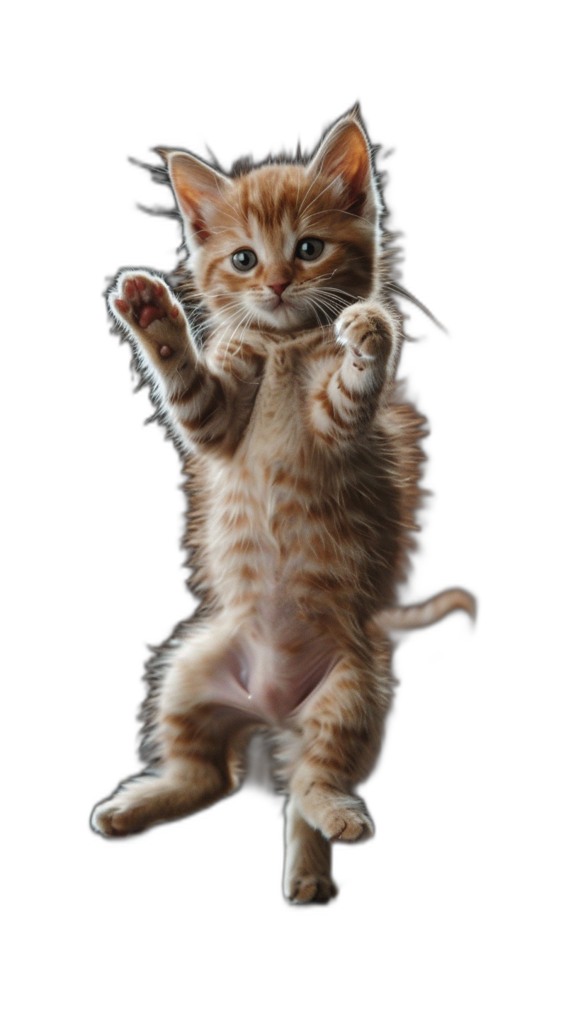 kitten doing jumping jacks, full body, isolated on black background, photorealistic, studio photo shot, ultra high resolution, in the style of studio photo shot.