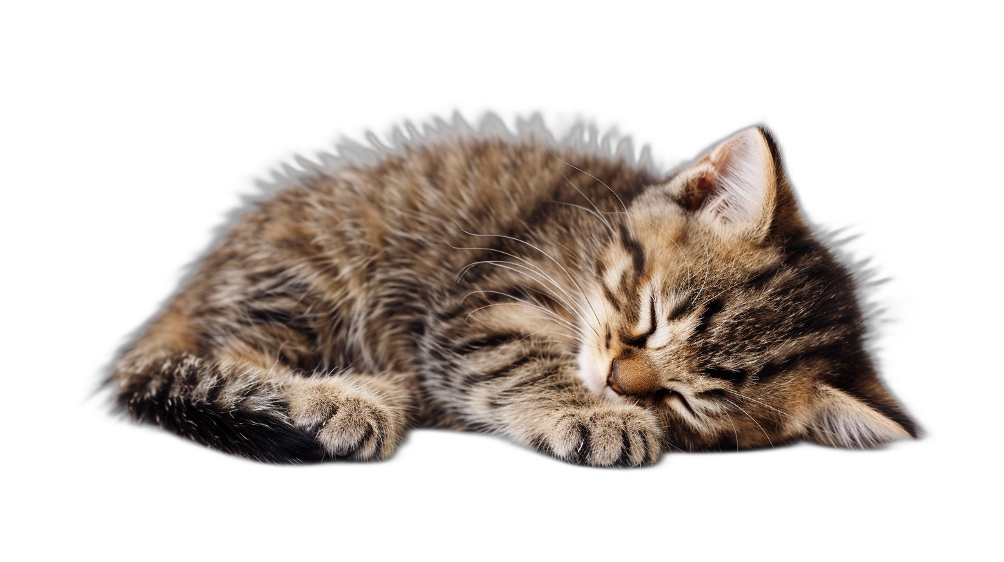 A cute kitten sleeping on its side isolated on black background, photo realistic