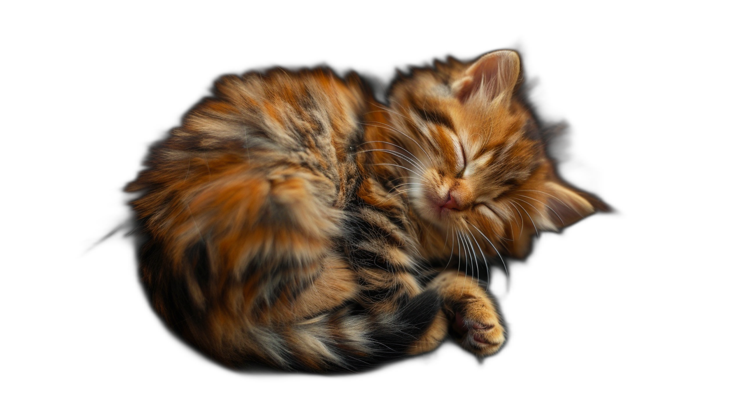 A fluffy kitten sleeping with motion blur, isolated on a black background, in the style of hyper realistic photography.