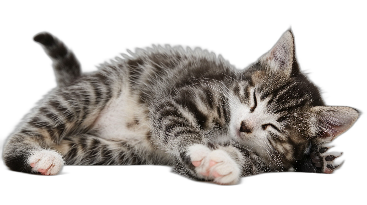 Cute Kitten sleeping on black background, isolated on white background with clipping path. Full body photo