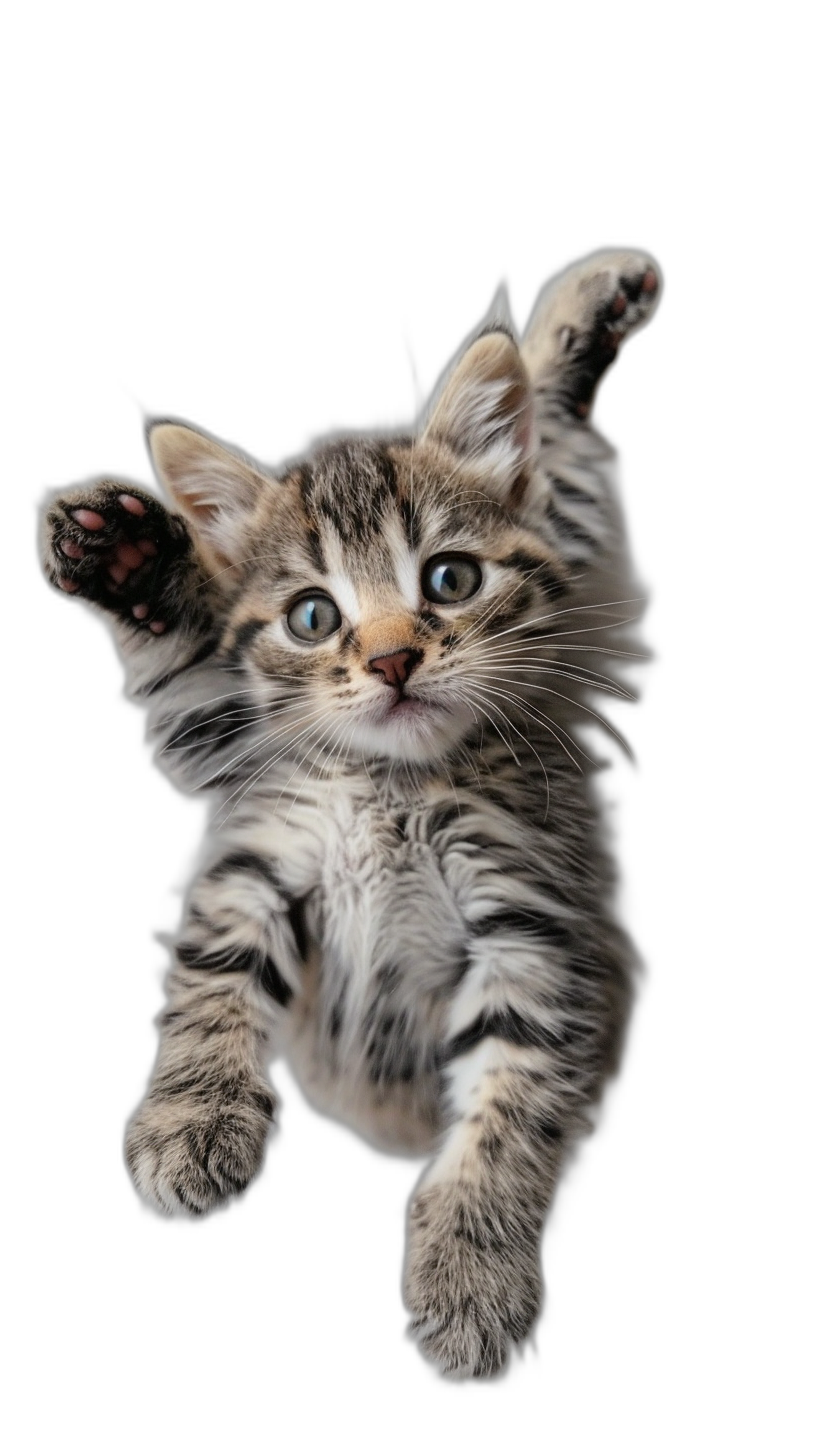 A cute kitten is flying in the air, with its front paws raised and looking at you on a black background, in the style of photo studio photography, in high definition.