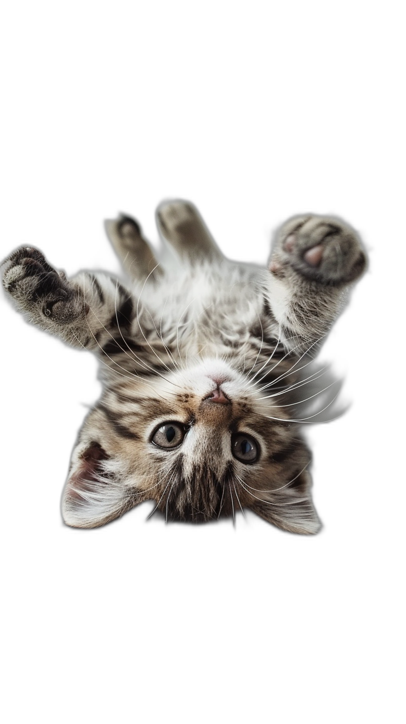 photorealistic photo of a cute kitten, floating upside down in the air, on a black background