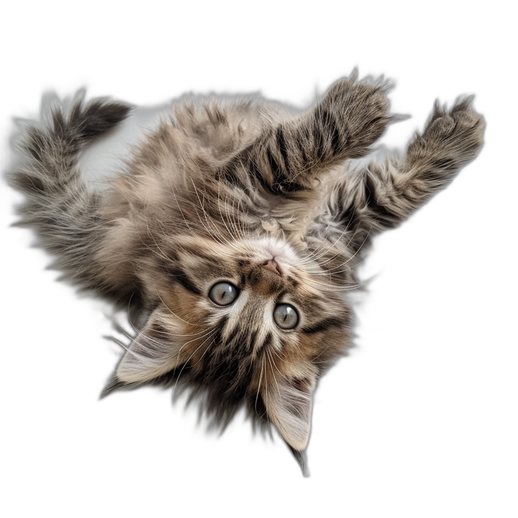 fluffy cat, playing upside down on black background, cute, funny, realistic, high resolution