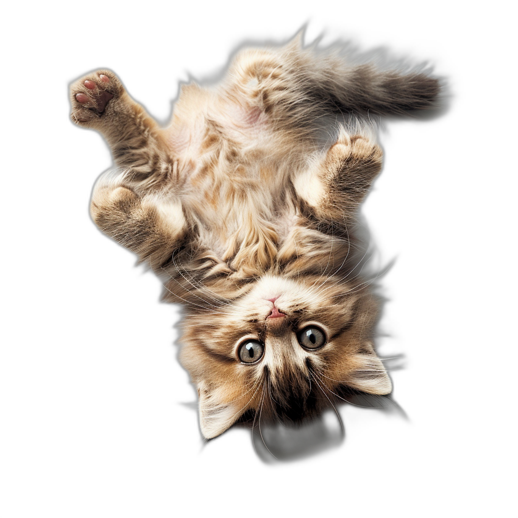 A fluffy cat upside down floating in the air against a black background, in the style of realism photography with high definition.