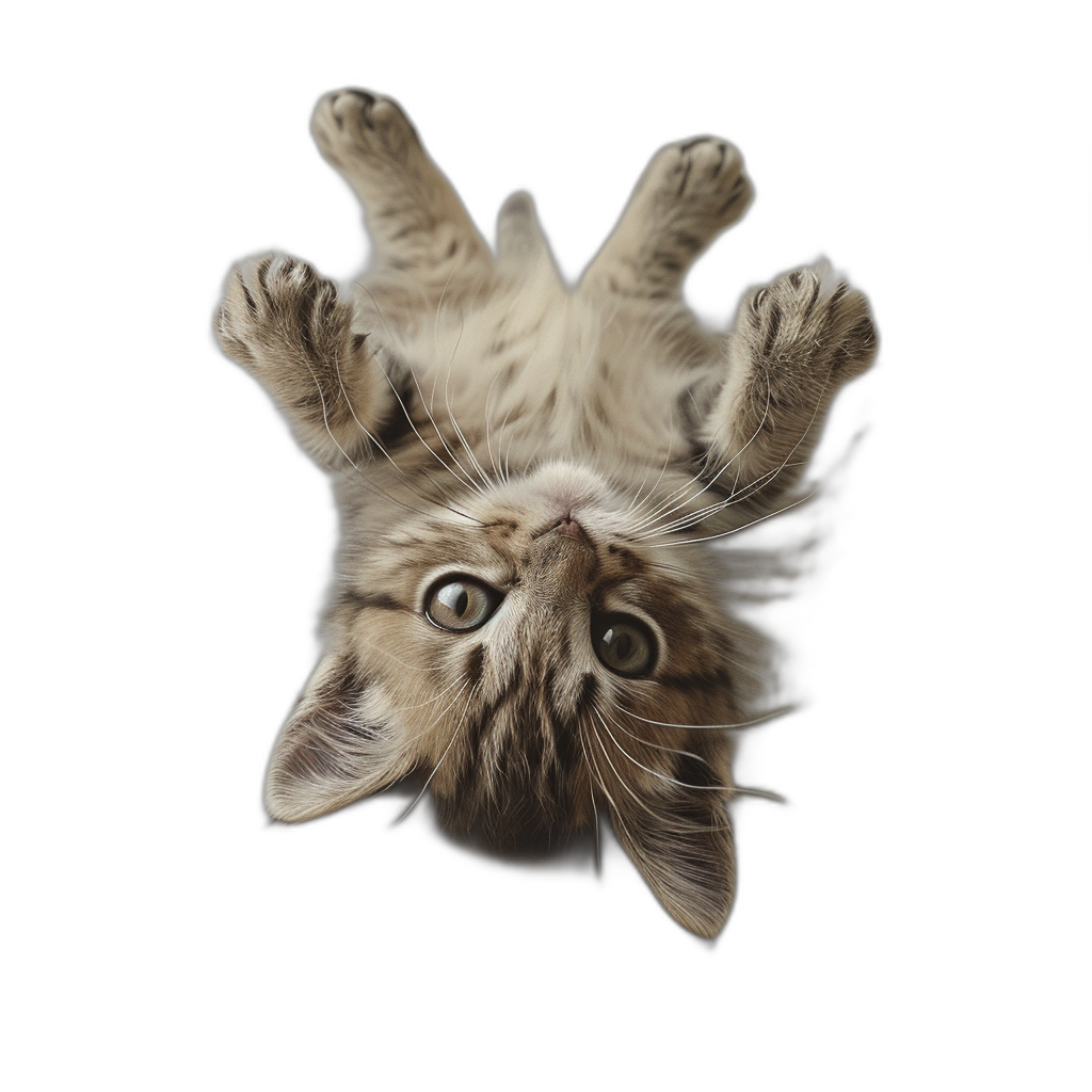 view from above of cat playing upside down, studio photo with dark background, high resolution, very detailed