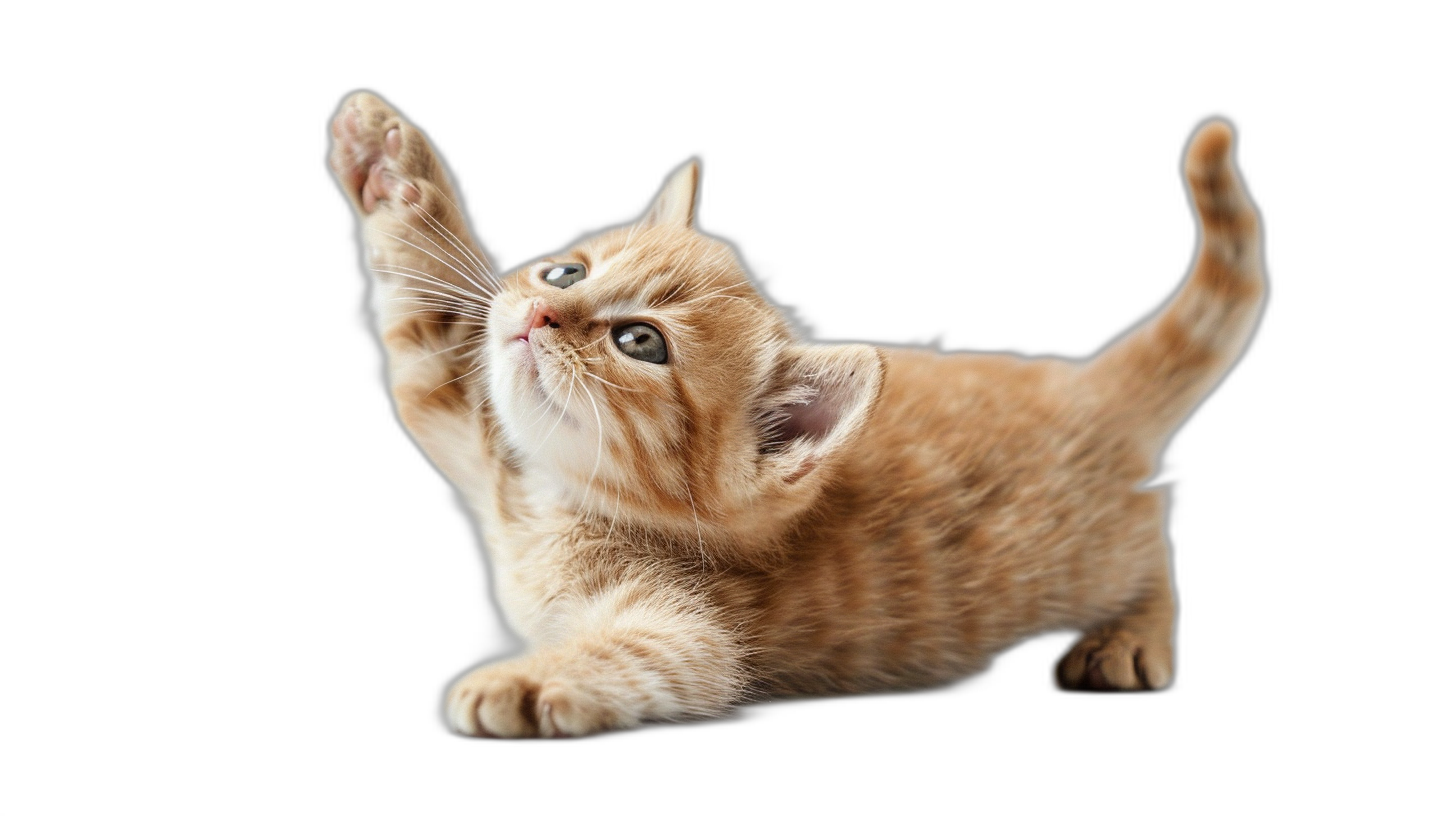 Cute orange kitten playing, jumping and waving its paws in the air on a black background. The kitten is doing different playful poses. An isolated cutout stock photo with copy space in the style of no particular artist.