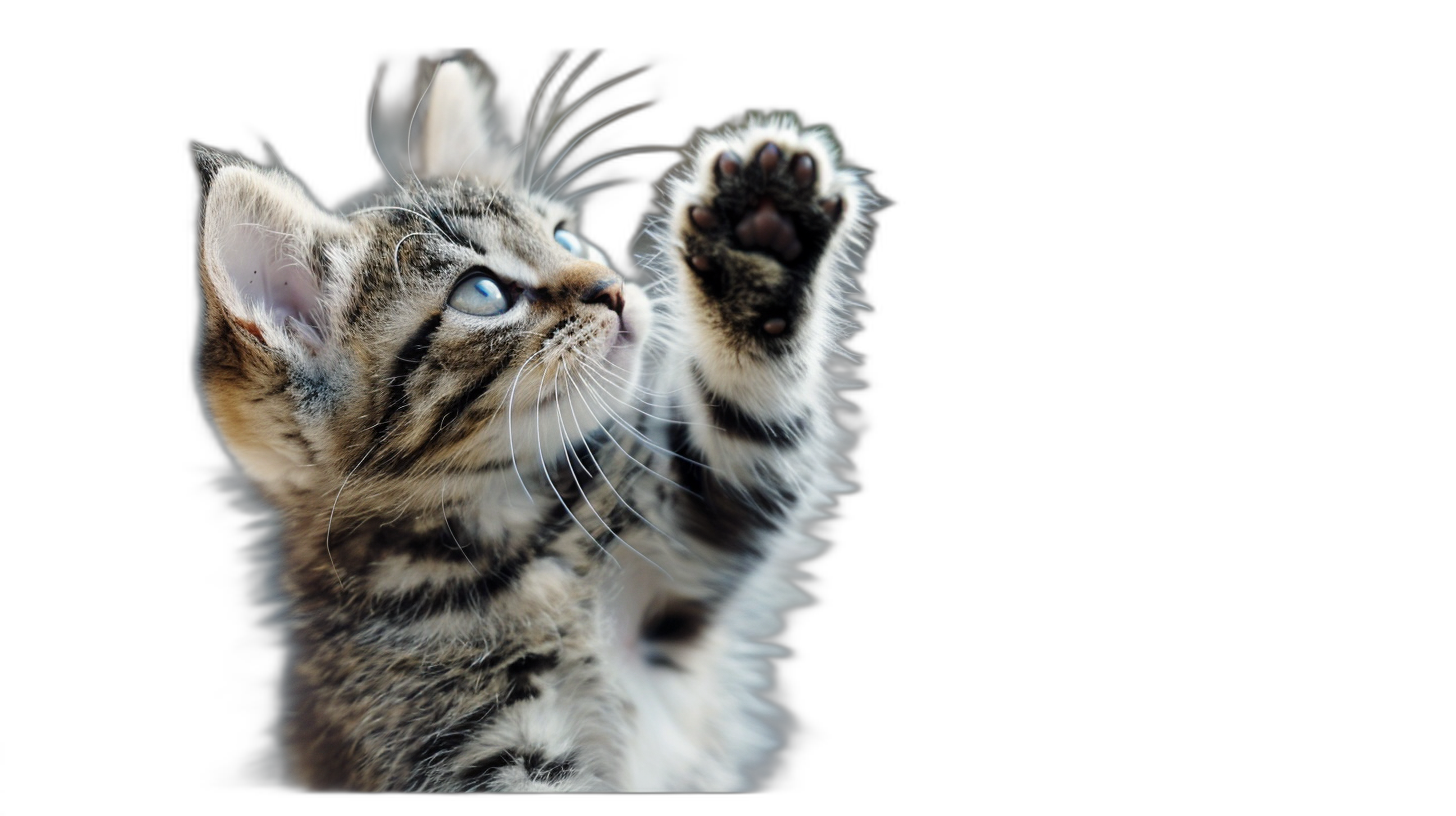 A cute kitten is reaching up with its paws on a black background. The kitten is raising its paw to the sky. A cat raises one of her front legs and uses it as if she’s trying something out in space. High detail, ultra realistic photo taken in the style of Canon EOS.