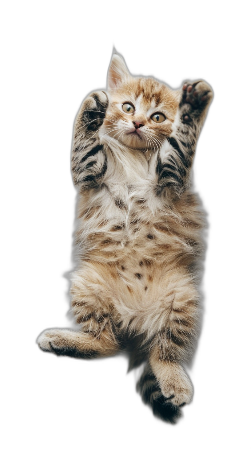 photorealistic photo of an adorable kitten, floating in the air with its back feet together and paws outstretched as if ready to jump from above, isolated on black background