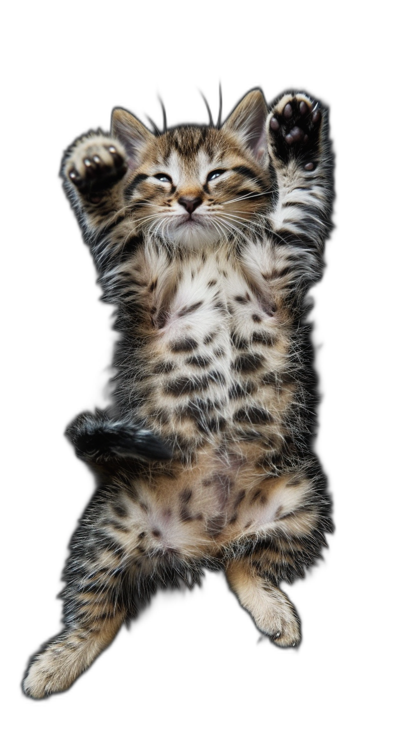 A playful kitten doing the rock pose, arms raised above its head with black background, high definition photography