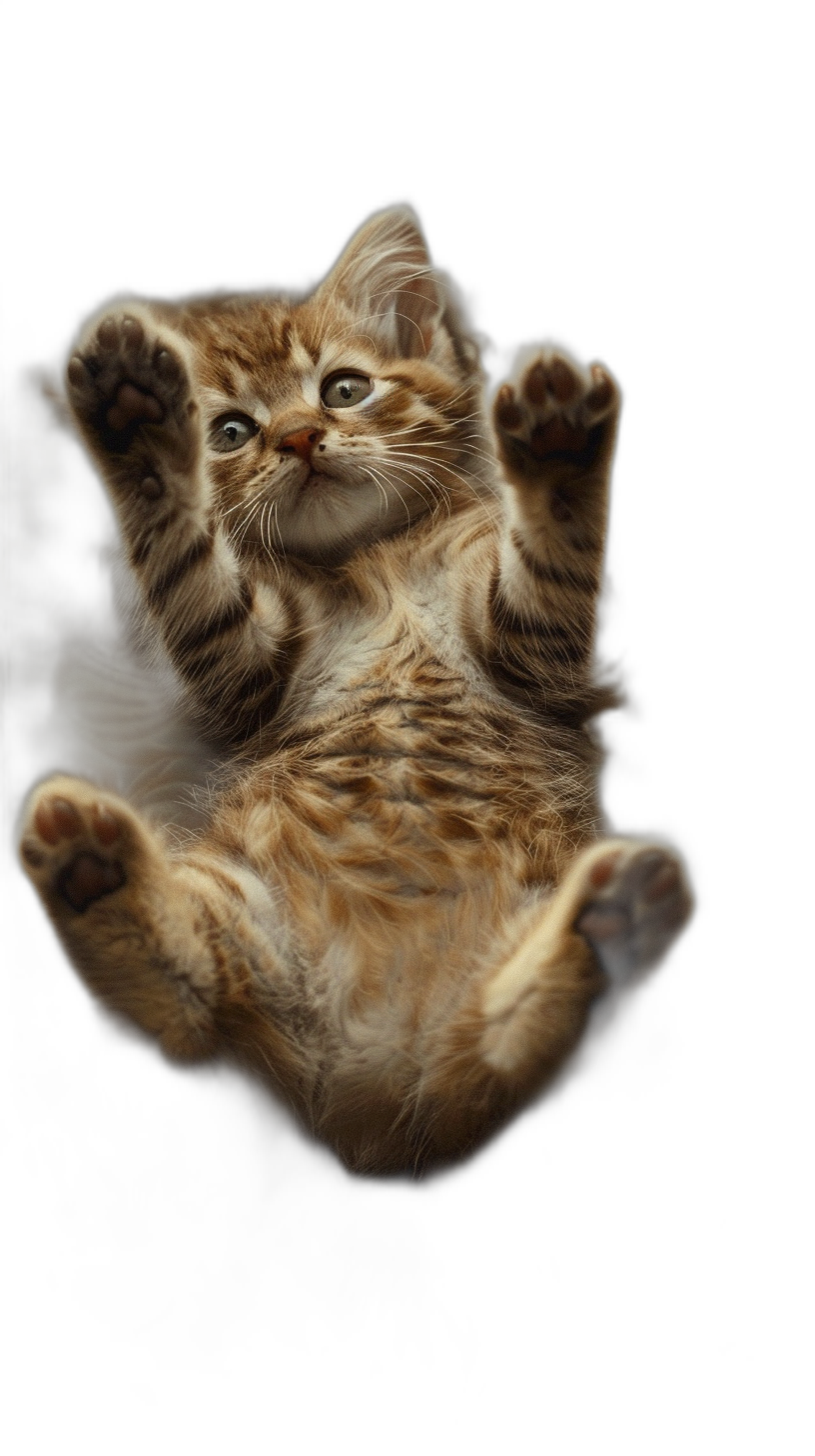 A cute kitten floating in the air, with its back to you and hands raised above its head on a black background, in the style of macro photography, in the style of surrealistic style, high definition photography