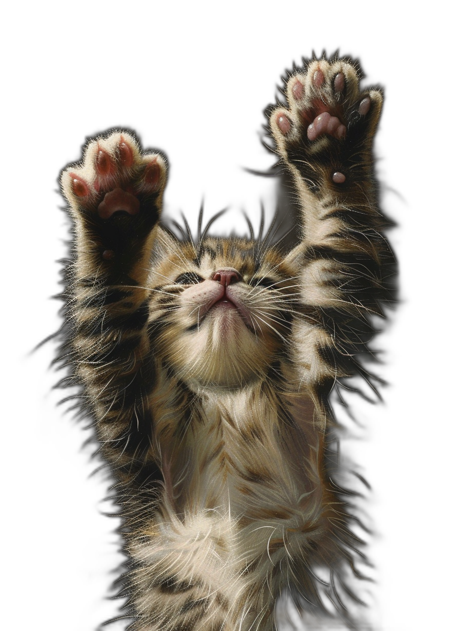 photorealistic photo of an adorable kitten with its paws raised in the air, on black background