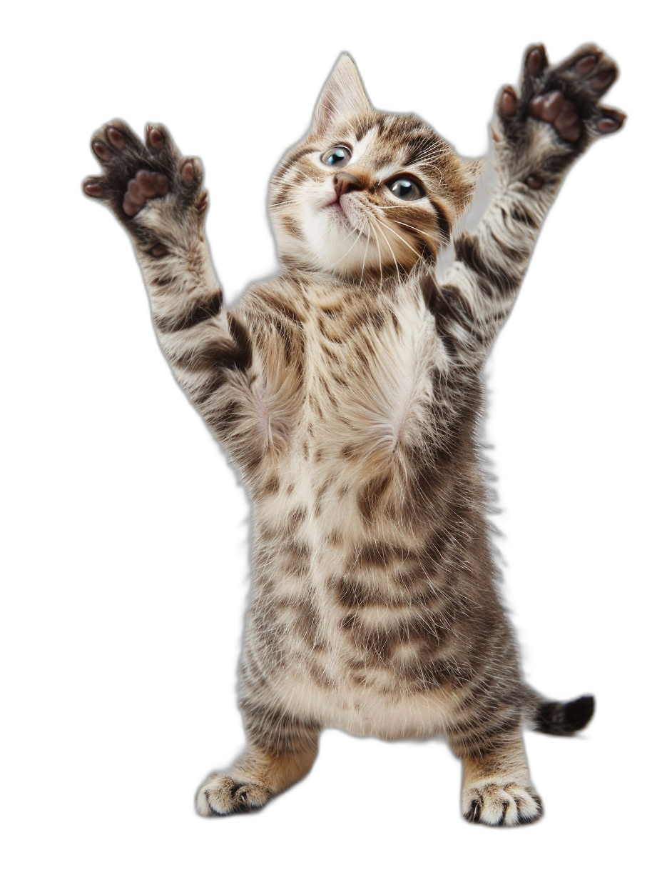 A playful kitten standing on its hind legs, arms raised in the air like it is ready to pounce. The cat has short fur with gray and brown stripes, and is looking up at something off screen. Isolated against a black background, in a high resolution photo.