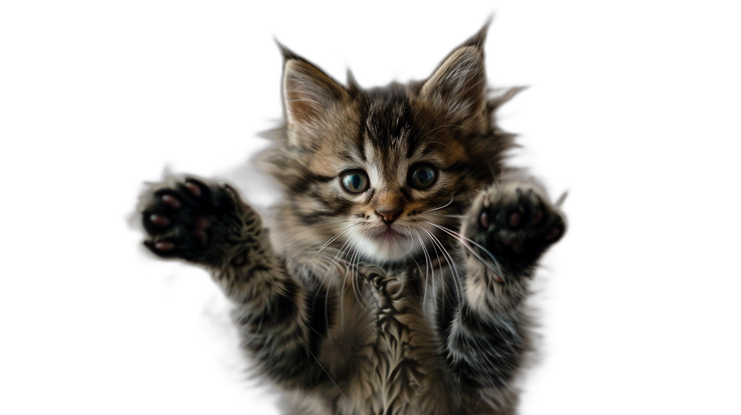 a cute kitten is reaching out with its paws, full body, black background, photography, hyper realistic, super detailed