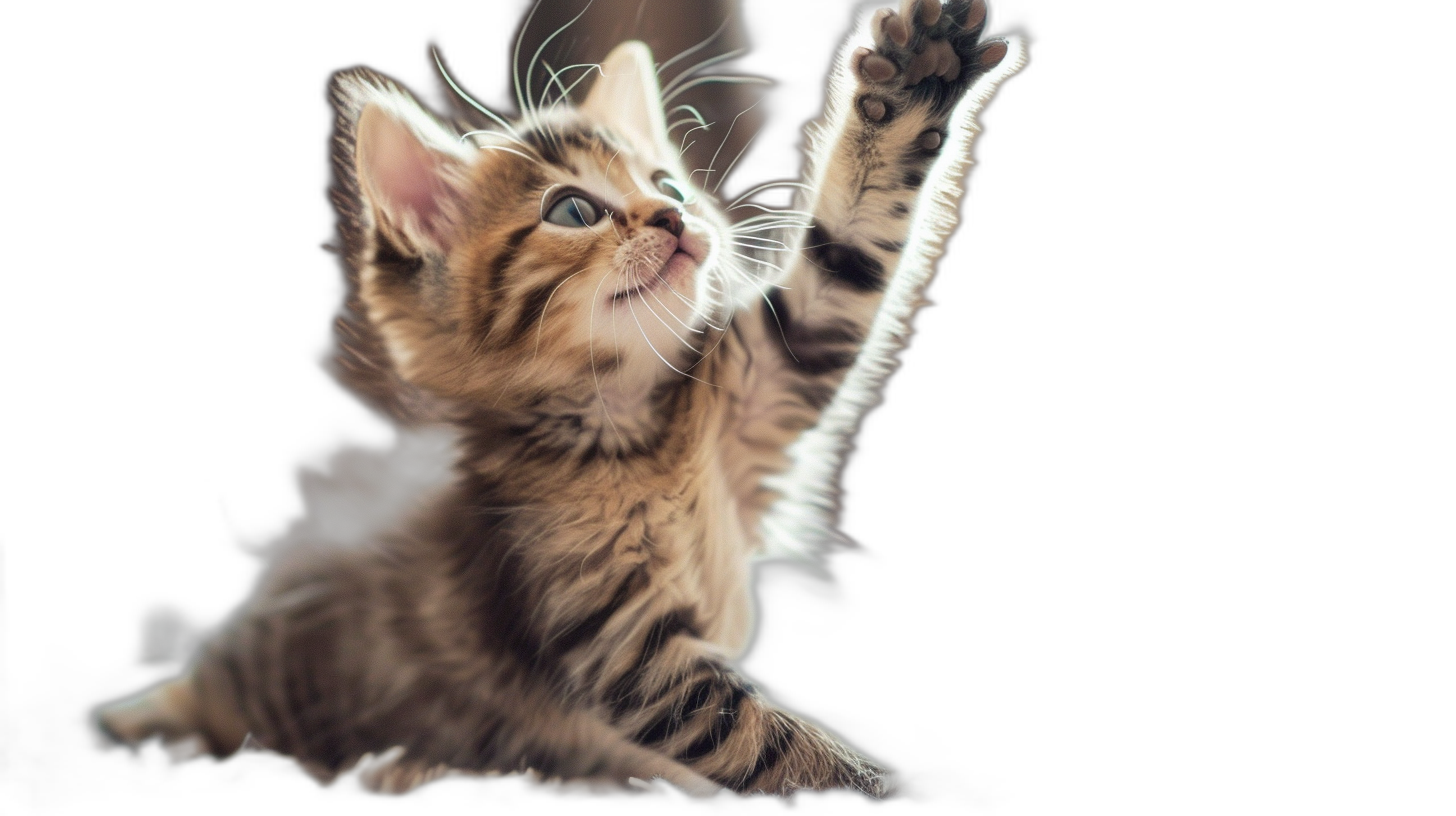 A cute kitten is reaching up with its front paws, black background, photo realistic, cinematic, high resolution digital photography style