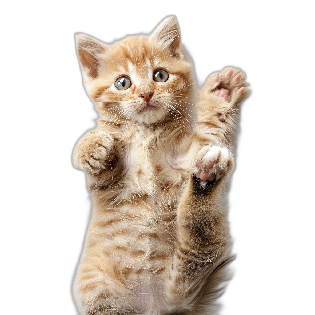 Cute orange kitten standing on its hind legs, holding up its front paws to give a high five against a plain black background.