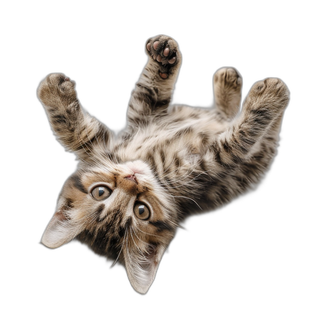 A playful kitten floating upside down in the air, isolated on a black background, in the style of high definition photography.