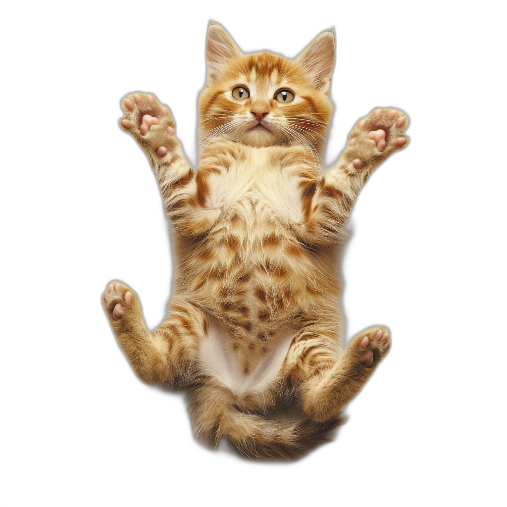 A redhaired kitten floating in the air, with its back to us and hind legs hanging down like hands. Isolated on black background.