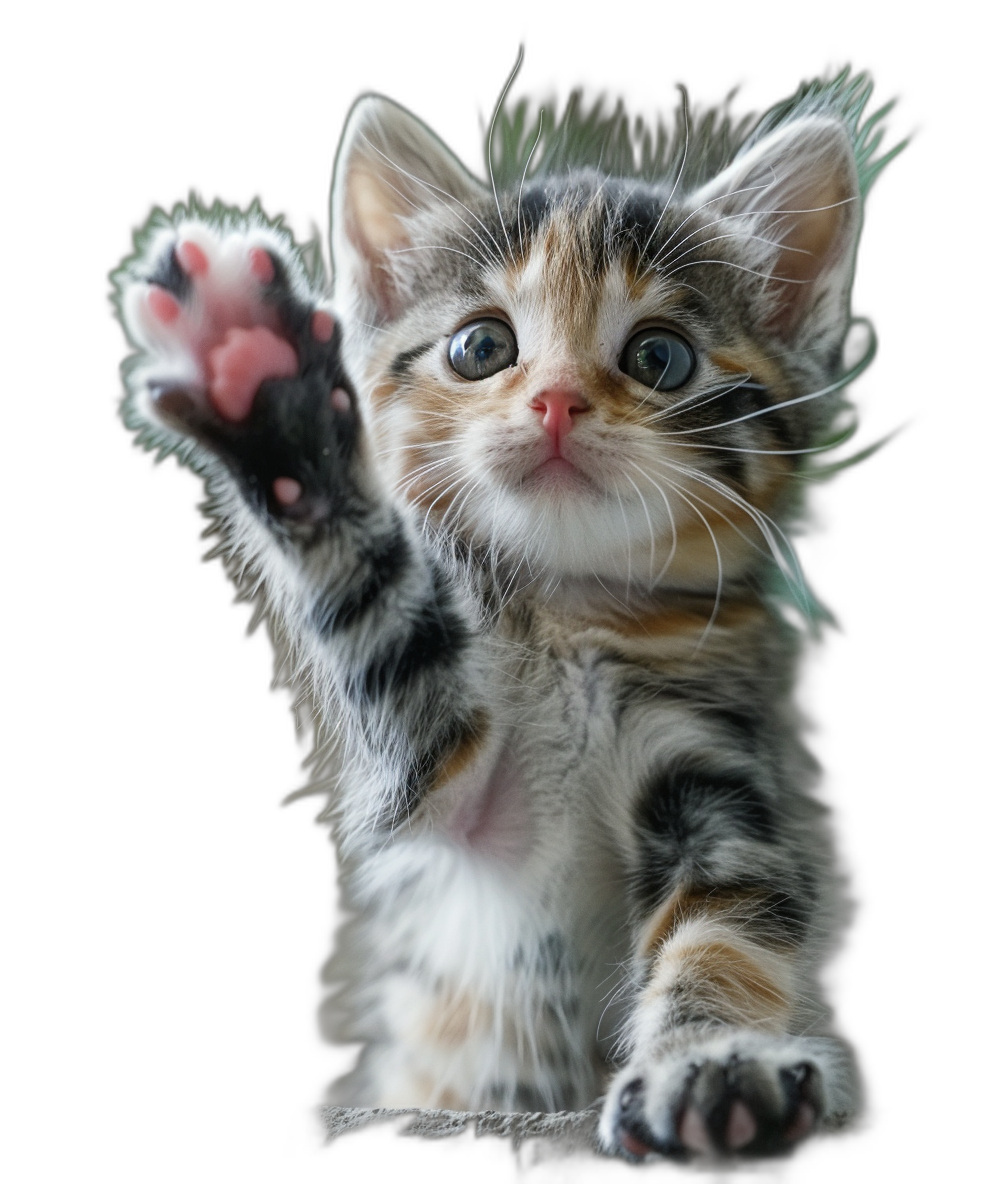 A very cute kitten is waving its paw in the front view against a black background, in the style of photography with high definition details.