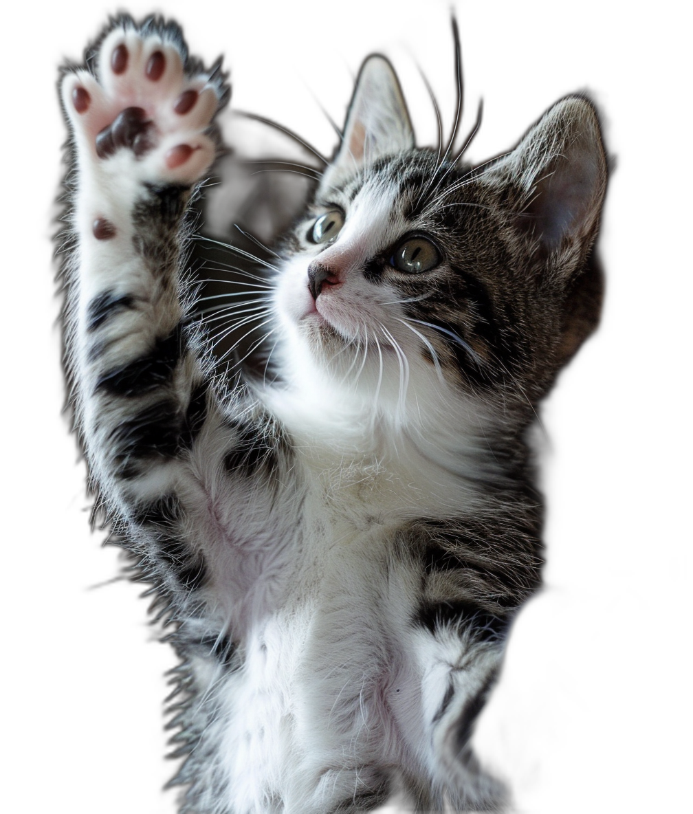 Cute kitten, white and grey tabby with black spots on face, reaching up to the sky with one paw raised high, black background, soft lighting, macro photography, high resolution, high detail, sharp focus, studio photo, studio light